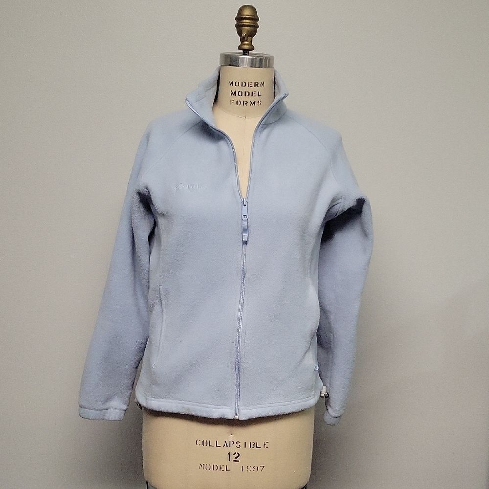 Blue Utility Jacket with High Collar and Full-Length Zipper